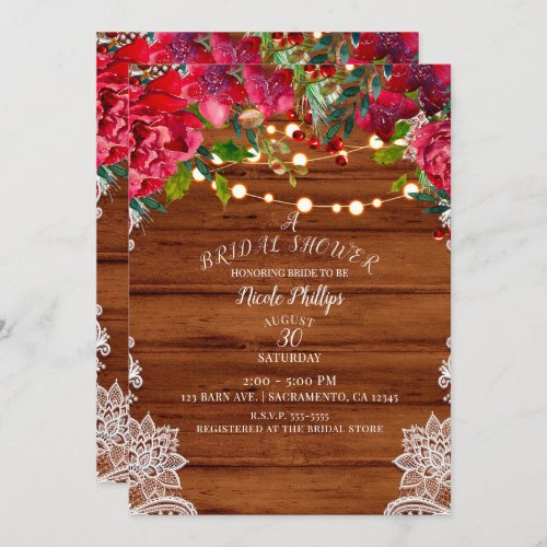 Rustic Lace  String Lights Holiday Bridal Shower Invitation