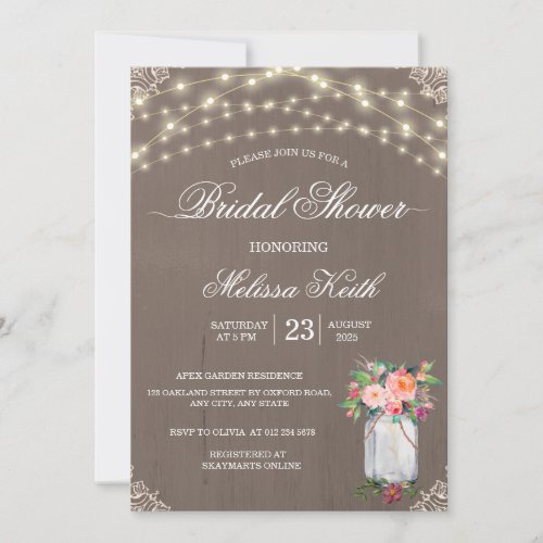 Rustic Lace String Lights Mason Jar Bridal Shower Invitation