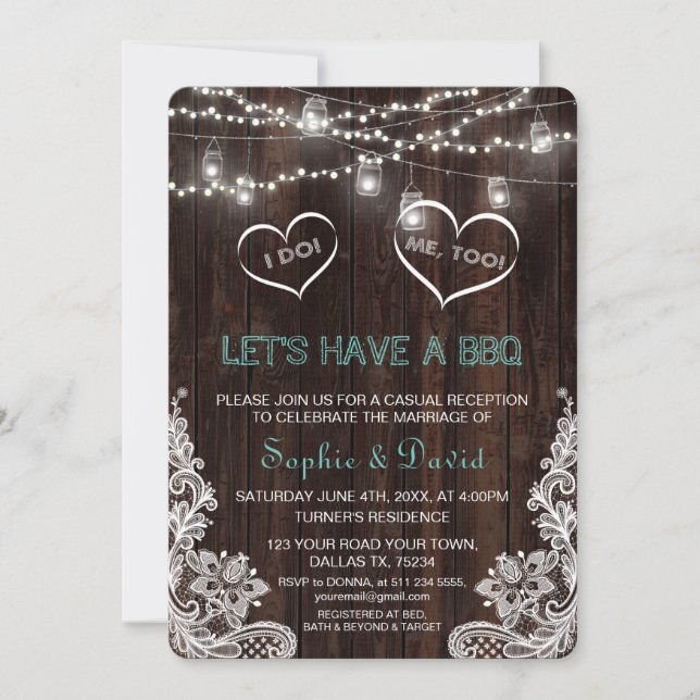 Rustic Lace String Lights Old Barn I DO BBQ Invite (Front)