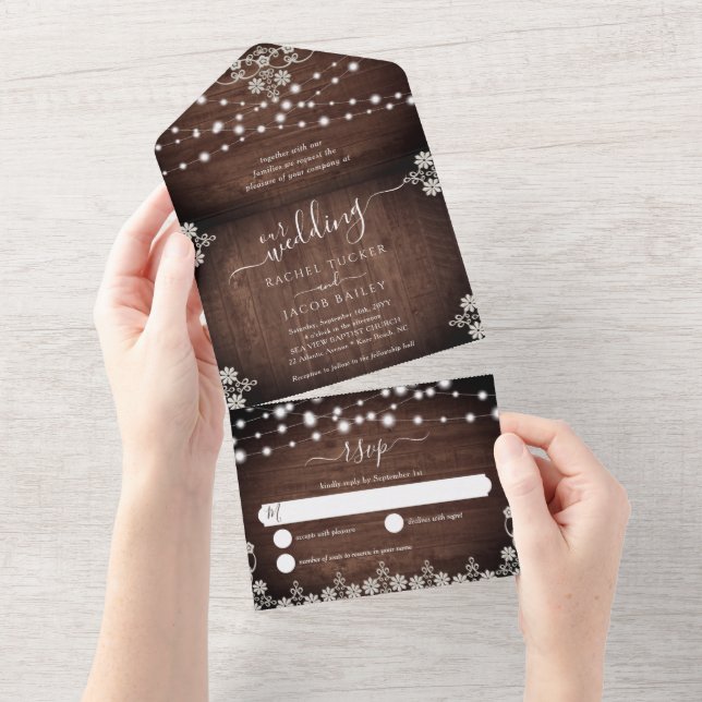 Rustic Lace & String Lights on Wood Wedding All In One Invitation (Tearaway)