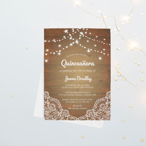 Rustic Lace String Lights Quinceaera Birthday Invitation