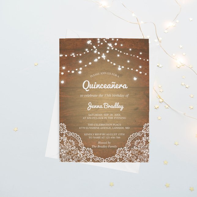 Rustic Lace String Lights Quinceañera Birthday Invitation (Creator Uploaded)