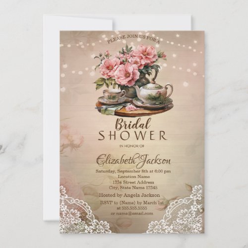 Rustic Lace String Lights Tea Set Bridal Shower Invitation
