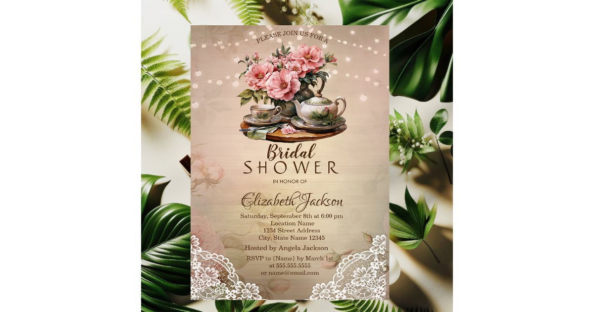 Rustic Lace String Lights Tea Set Bridal Shower Invitation | Zazzle
