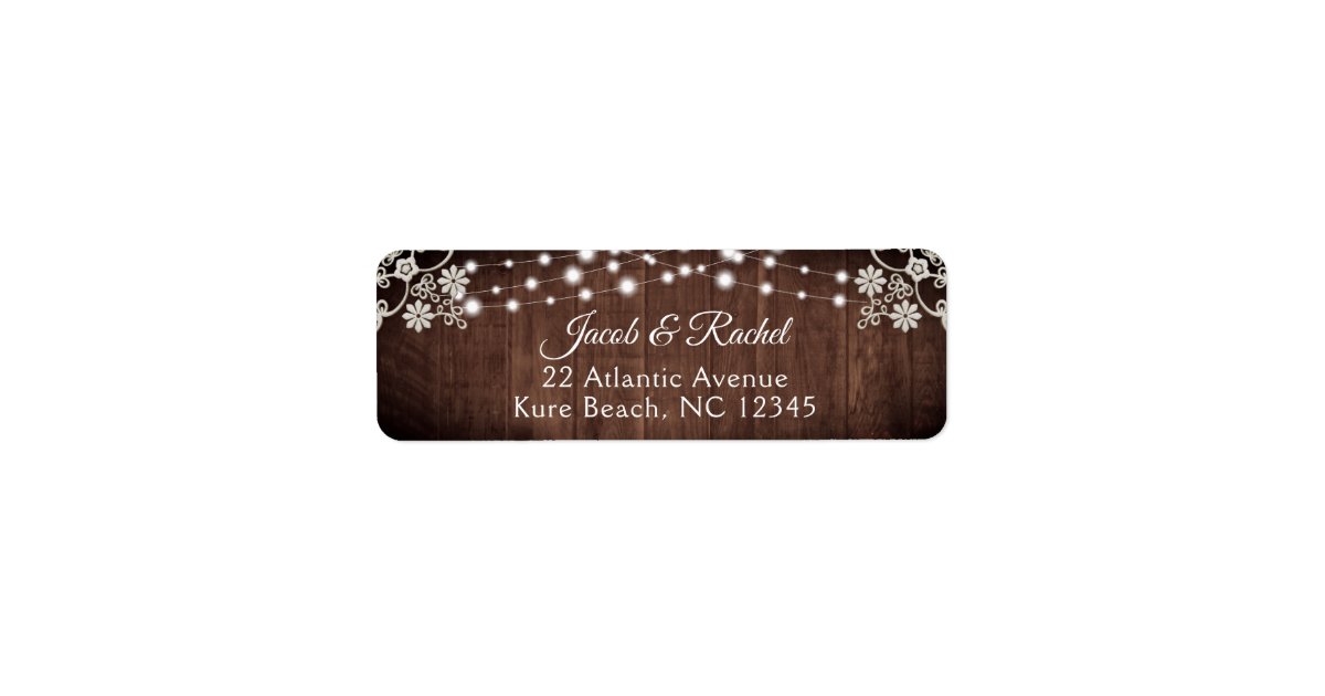 Rustic Lace & String Lights Wedding Address Label | Zazzle