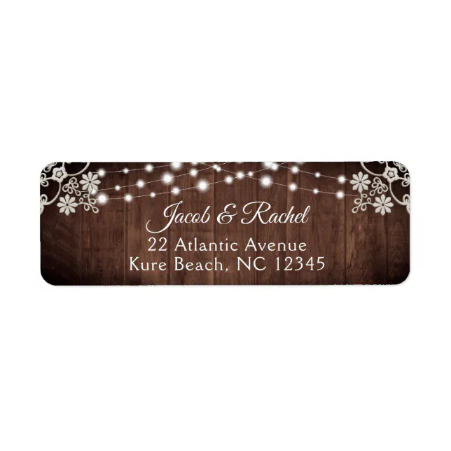 Rustic Lace & String Lights Wedding Address Label | Zazzle