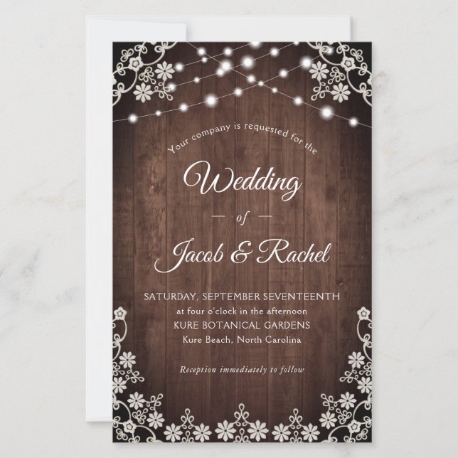 Rustic Lace & String Lights Wedding Invitation (Front)