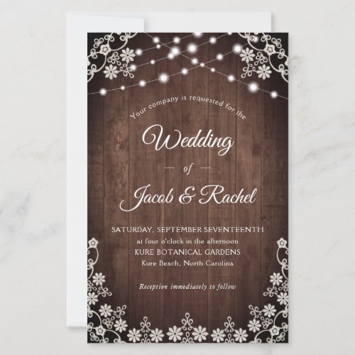 Rustic Lace  String Lights Wedding Invitation