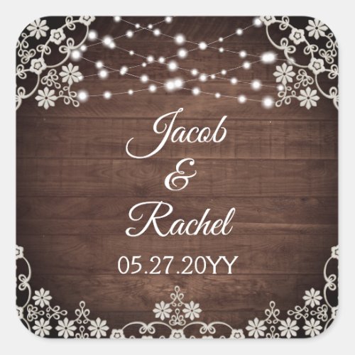 Rustic Lace  String Lights Wedding Square Sticker