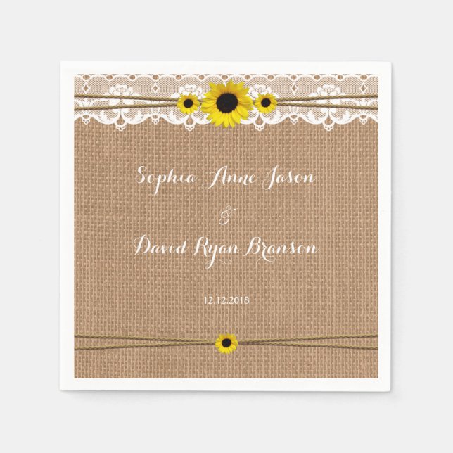Rustic Lace, Sun Flowers, Burlap Wedding Custom Napkins (Front)