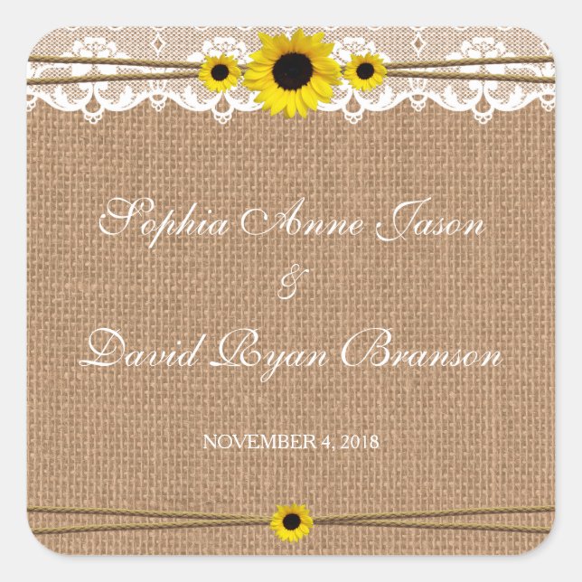 Rustic Lace, Sun Flowers, Burlap Wedding Square Sticker (Front)