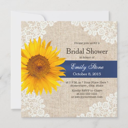 Rustic Lace Sunflower &amp; Burlap Bridal Shower 5.25x5.25 Square Paper Invitation Ca...