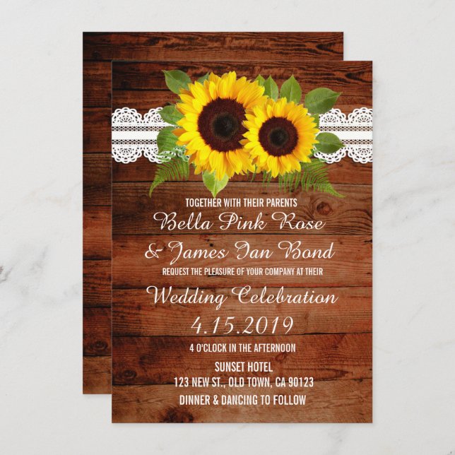 Rustic Lace Sunflowers Wedding Invitation (Front/Back)