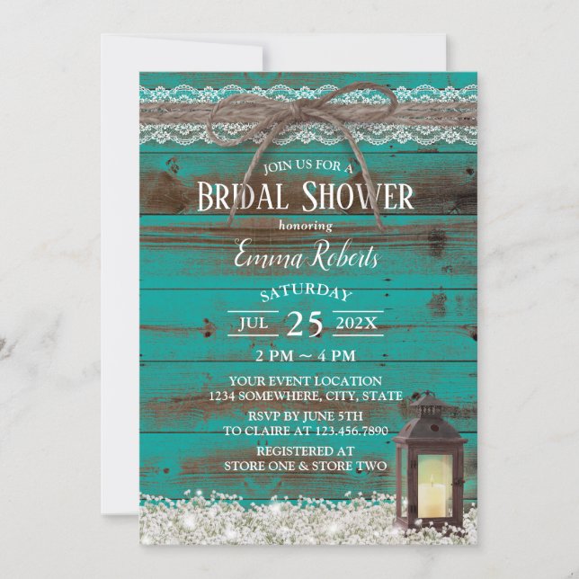 Rustic Lace Teal Barn Lantern Bridal Shower Invitation (Front)