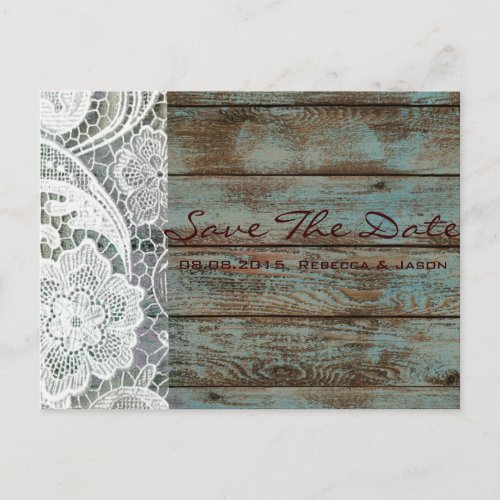 rustic lace teal barn wood wedding save the date announcement postcard