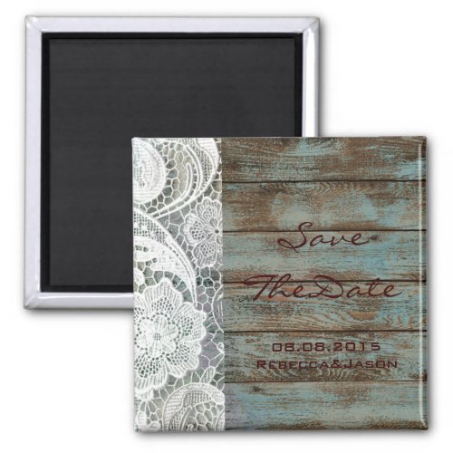 rustic lace teal barn wood wedding save the date magnet