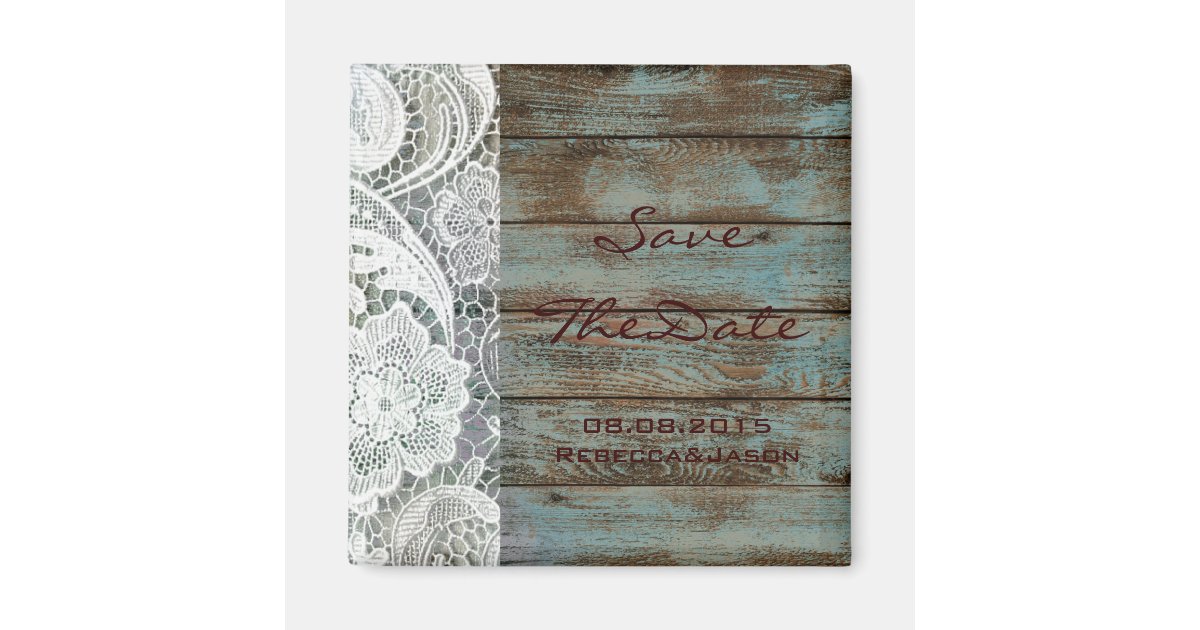 rustic lace teal barn wood wedding save the date magnet | Zazzle