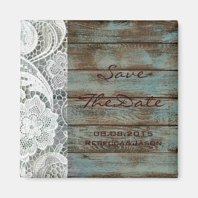 rustic lace teal barn wood wedding save the date magnet | Zazzle