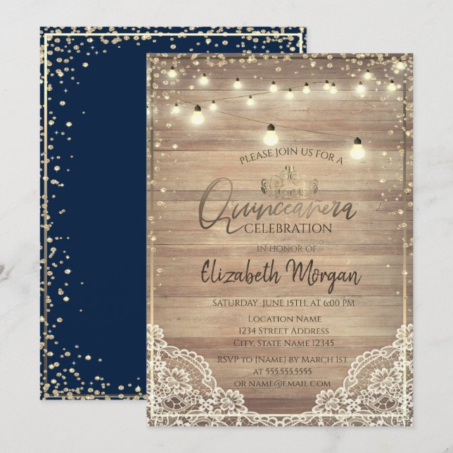 Rustic Lace,Tiara,Lights Diamonds Quinceañera Invitation (Front/Back)