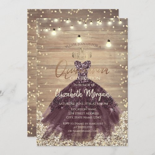 Rustic LaceTiaraLightsDressWood Quinceaera Invitation