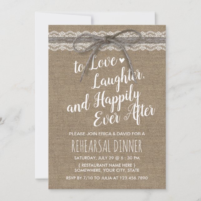 Rustic Lace Twine Country Burlap Rehearsal Dinner Invitation (Front)