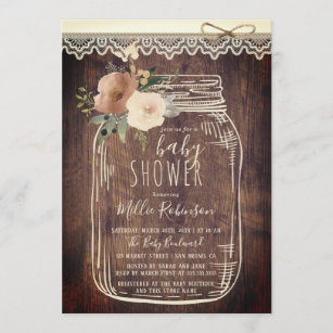 Rustic Lace & Twine   Floral Mason Jar Baby Shower Invitation