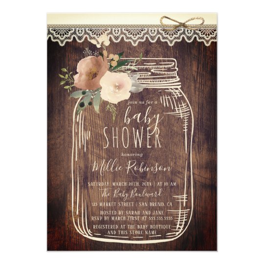 Rustic Lace & Twine | Floral Mason Jar Baby Shower Invitation | Zazzle.com