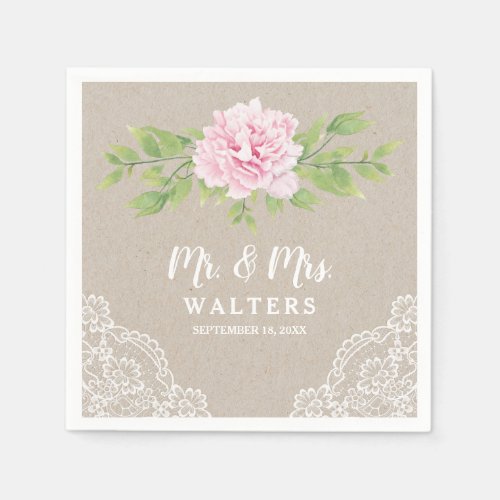 Rustic Lace Watercolor Pink Peony Flower   Napkins