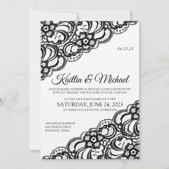 Rustic Lace Wedding Invitation | Black on Kraft (Front)