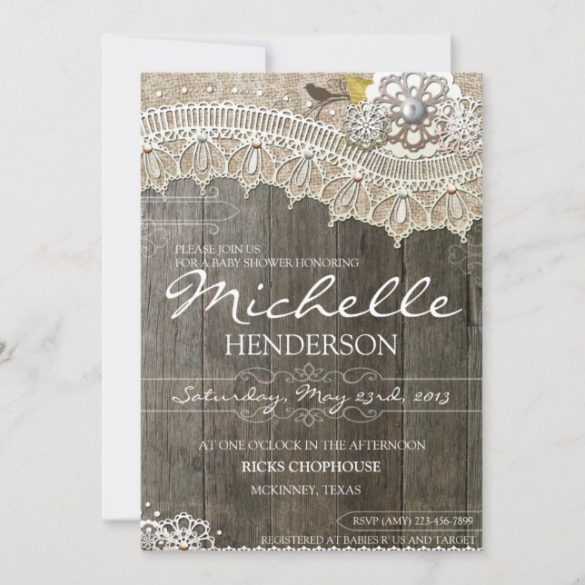 Rustic Lace Wood Baby Shower Invitation (Front)