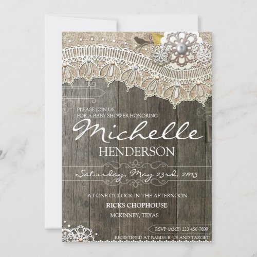 Rustic Lace Wood Baby Shower Invitation
