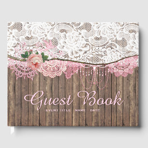 Rustic Lace Wood Baby Shower Wedding Guest Book