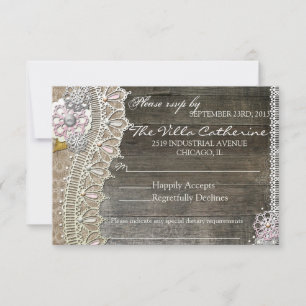 Rustic Lace Wood Floral  Wedding Reception RSVP Card