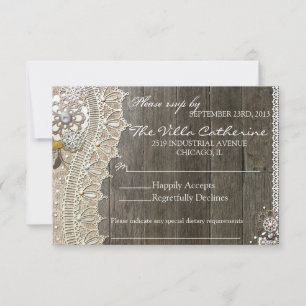 Rustic Lace Wood Floral  Wedding Reception RSVP Card