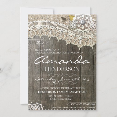 Rustic Lace Wood Graduation  Invitation