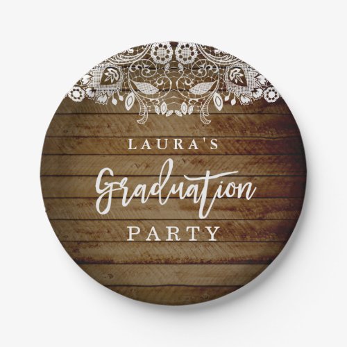 Rustic Lace Wood Graduation Party Paper Plate