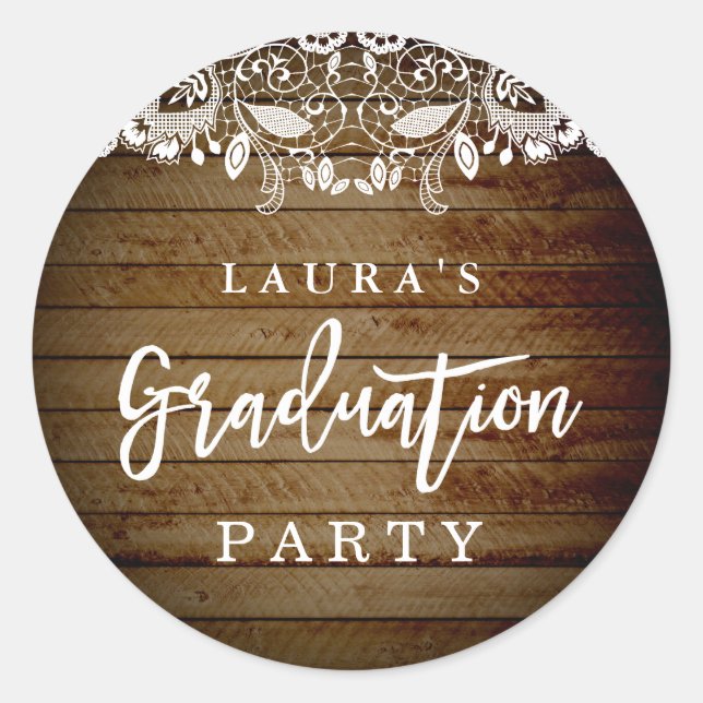 Rustic Lace Wood Graduation Party Sticker (Front)