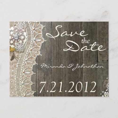 Rustic Lace Wood Save the Date Postcards