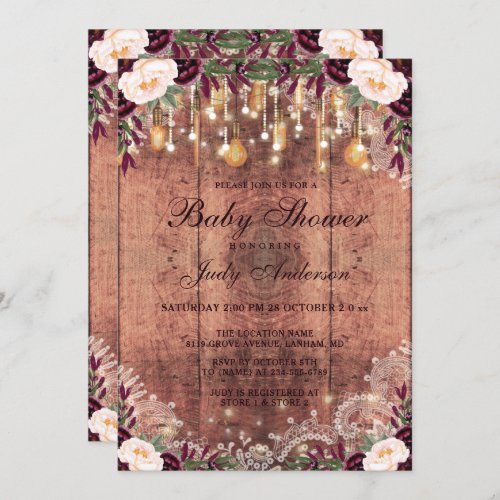 Rustic Lace Wood  String Lights Baby Shower Invitation
