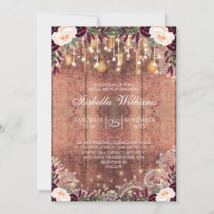 Rustic Lace Wood String Lights Bridal Shower Invitation