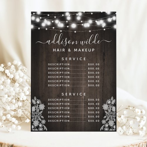 Rustic Lace Wood String Lights Business Price List Menu