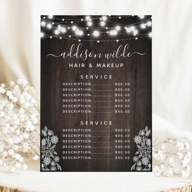 Rustic Lace Wood String Lights Business Price List Menu (Creator Uploaded)
