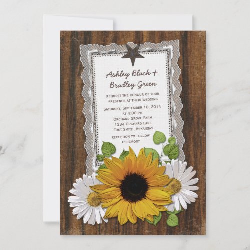 Rustic Lace Wood Sunflower Daisy Country Wedding Invitation