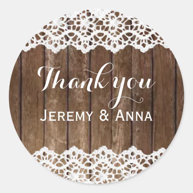Rustic lace wood thank you wedding sticker | Zazzle