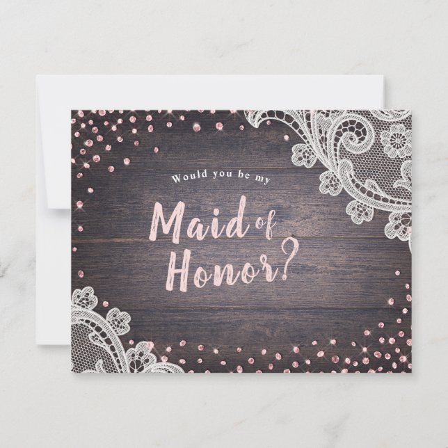 Rustic lace wood would you be my maid of honor invitation (Front)