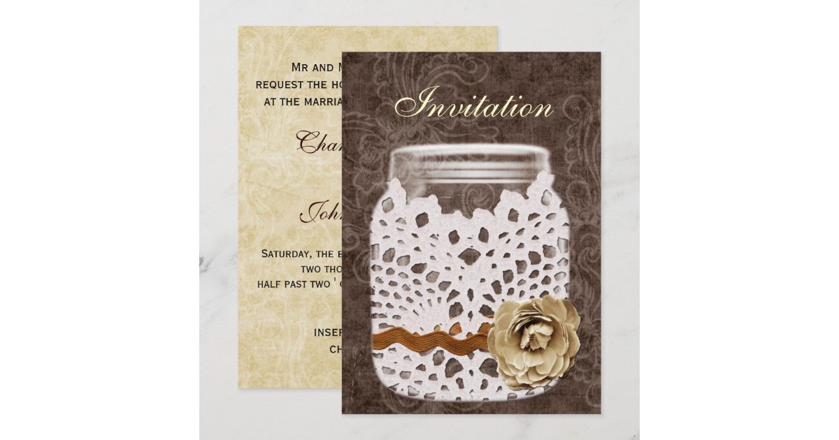 Rustic Lace Wrapped Mason Jar Wedding Invitation | Zazzle