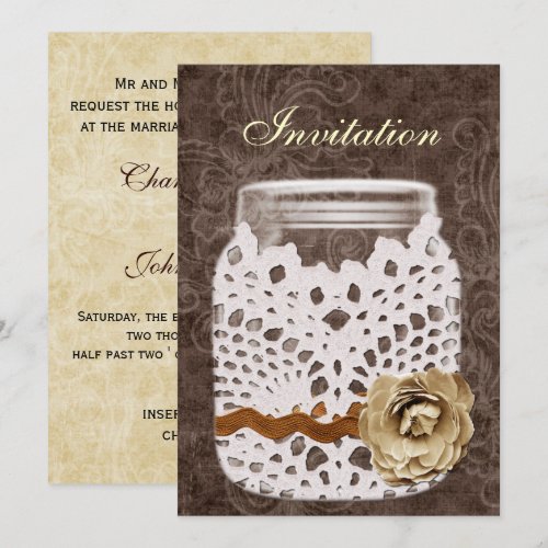 doily covered rustic mason jar wedding invites