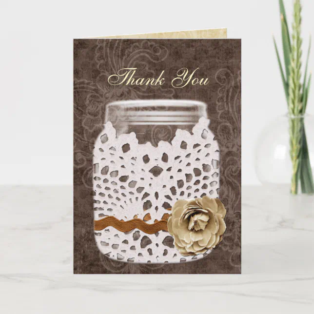 Rustic Lace Wrapped Mason Jar Wedding Thank You Card | Zazzle