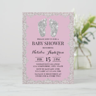Rustic Laced Silver Feet Pink Gril Baby Shower Invitation
