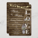 Rustic Ladder and Lights Lavender Love Wedding Invitation<br><div class="desc">Vintage wood ladder with LOVE letters and a canning jar full of Lavender and baby's breath decorate this country rustic wedding invitation suite.  Sparkly twinkle string lights add extra charm over the dark barn wood background.</div>